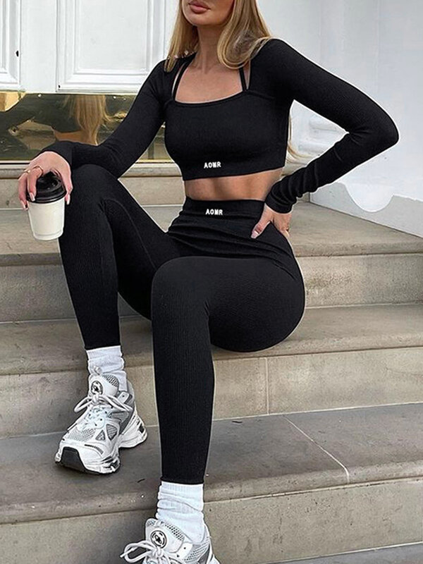 Women's  2 Piece Workout Sets Gym Yoga Sportswear Suit Fitness Short Sleeve Round Neck Crop Tops+High Waist Leggings Outfit