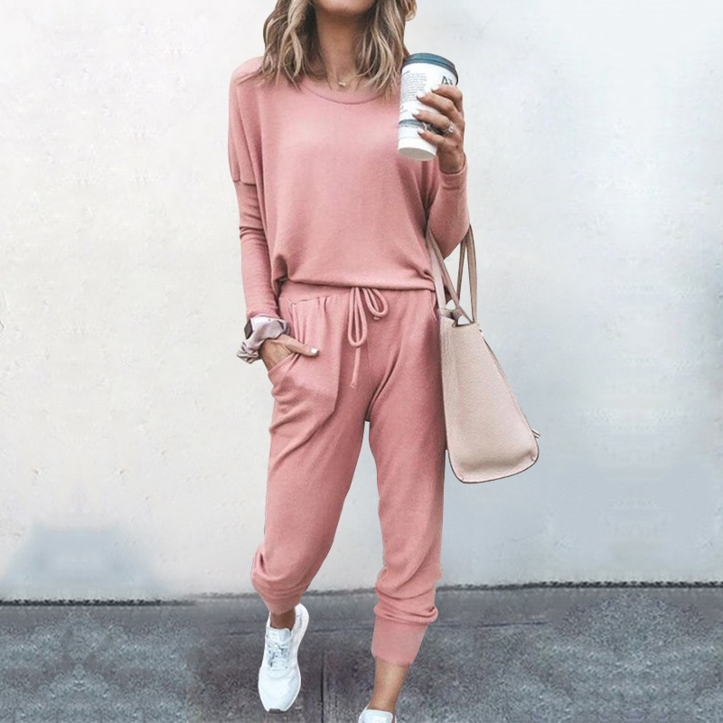 Fashion Women's Set Casual Autumn/Winter Solid Color Top Long Sleeve Long Pants Casual Set Cotton Pullover Loose Set