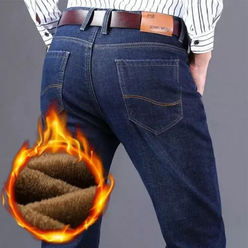 Men's Fleece Warm Jeans Autumn Winter Fashion Business Long Pants Retro Classic Denim Trousers Casual Stretch Slim Jeans Durable