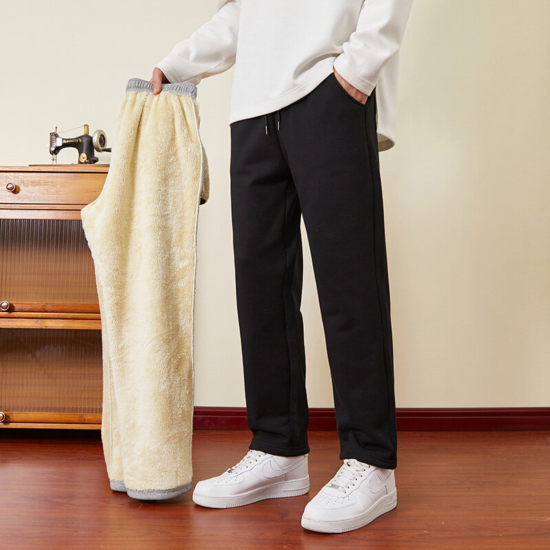 Calça térmica de algodão grosso masculina, calça de lã quente, calça de lã de cordeiro casual masculina, marca de moda inverno 2023