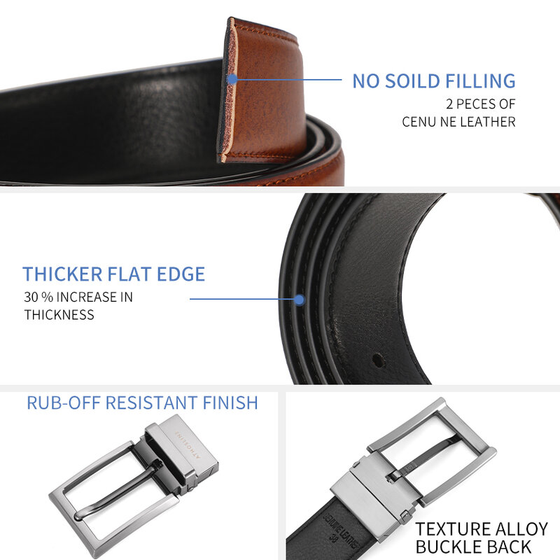 Athosline-Casual Reversible Genuine Leather Belt for Men, Formal Rotated Buckle, Daily Dress, 1.3in