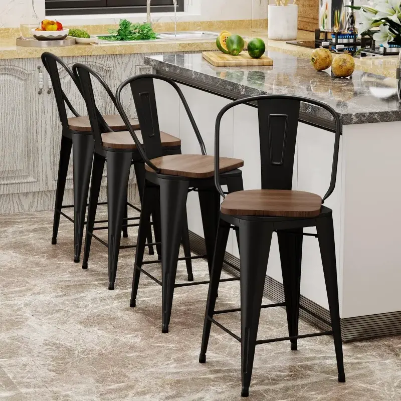 Swivel Metal Bar Stools Set of 4 Counter Height with Back Chairs Wooded Seat 2