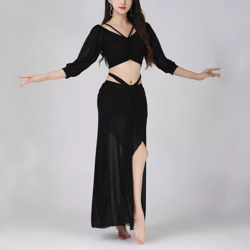 2 Stück Frauen orientalischen Bauchtanz Lektion tragen Set Top elegantes Hemd Erwachsenen Übungs kleidung weibliche Tanz Tanz kleidung Leistung