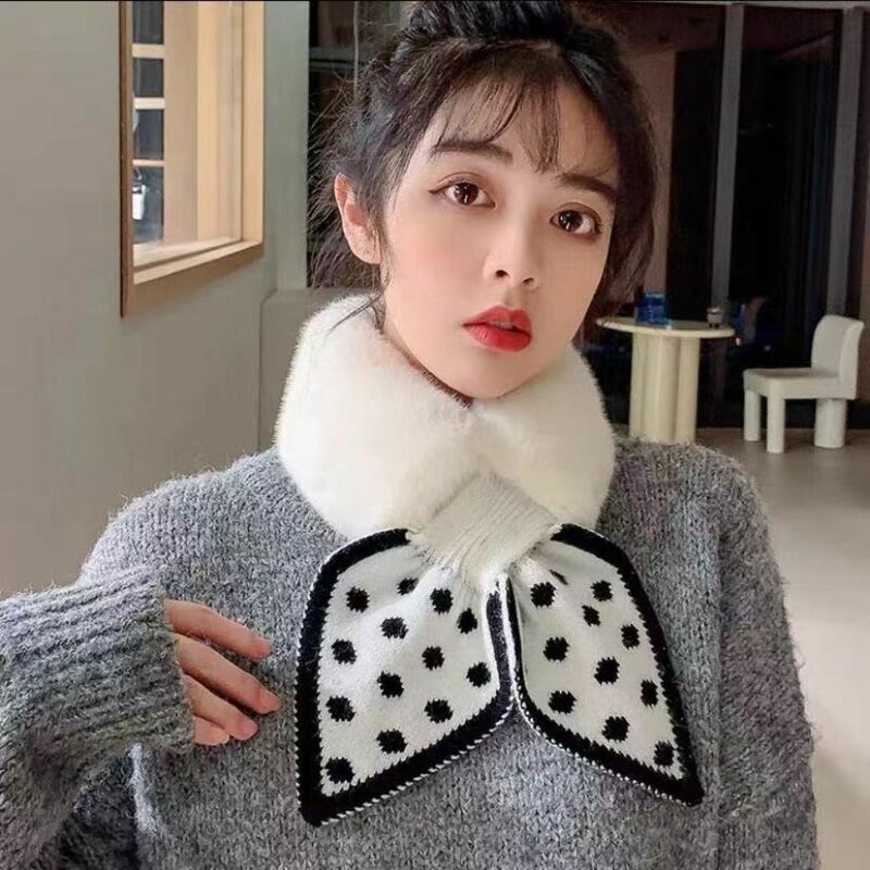 한국 패션 니트 웨이브 포인트 나비 매듭 턱받이, 따뜻한 양털 목 스카프, 두꺼운 목 커버, 크로스 넥 스카프, 겨울