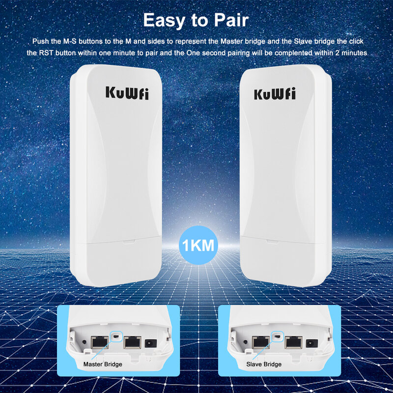 KuWfi 야외 무선 브리지 와이파이 라우터, 300Mbps, 2.4G 무선 리피터, 포인트 투 포인트, WAN LAN 포트, 1km