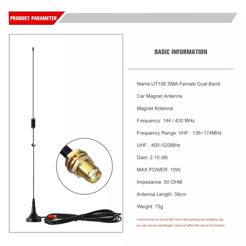 UT-106UV Auto Antenne Magnetische SMA-F Dual-Band On-Board Antenne Vhf Uhf Voor Baofeng UV-5R Uv82 GT-3TP GT-5 Ham Radio Accessoires