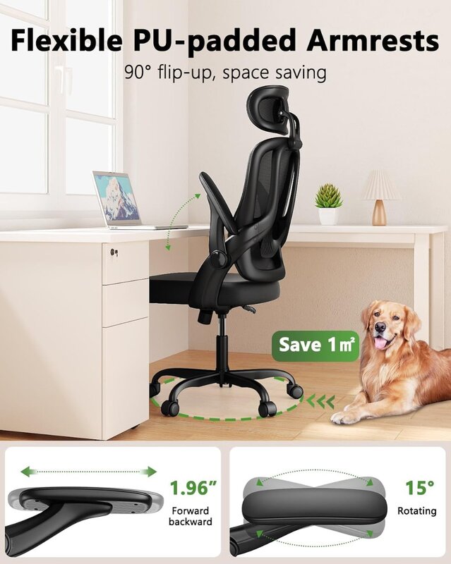 Kursi kantor rumah, kursi komputer ergonomis punggung tinggi dengan sandaran tangan 3D, penopang Lumbar, kursi komputer jaring dengan sandaran kepala yang dapat disesuaikan