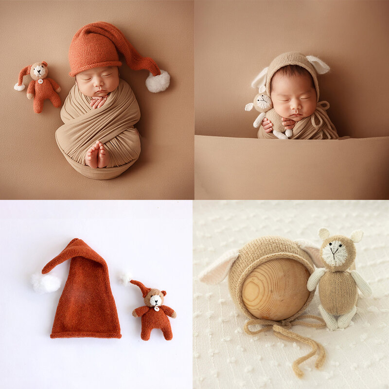 Fotografie für Neugeborene Baby Requisiten weich hoch dehnbar Wrap Gute Nacht Hut Bär Puppe Schaf Ohren Kappe Spielzeug Headflower Foto Requisiten