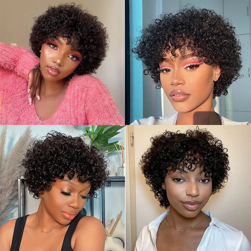 Short Pixie Cut Wigs for Women 180% Density Black Color Full Machine Made Curly Pixie Wigs Human Hair Brazilian Remy Hair