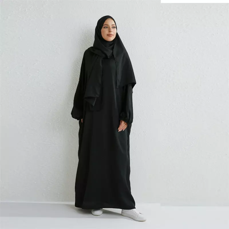 Abito da preghiera Abaya musulmano un pezzo con cappuccio manica Smocking abbigliamento islamico donna Dubai abito nero saudita felpa turca