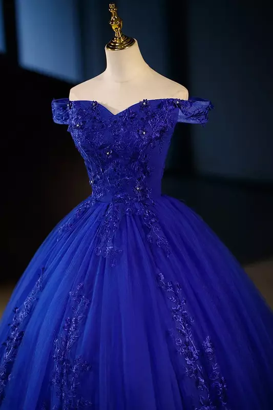 Женское платье с открытыми плечами, синее элегантное бальное платье с цветочным принтом, классическое кружевное платье для выпускного вечера, лето