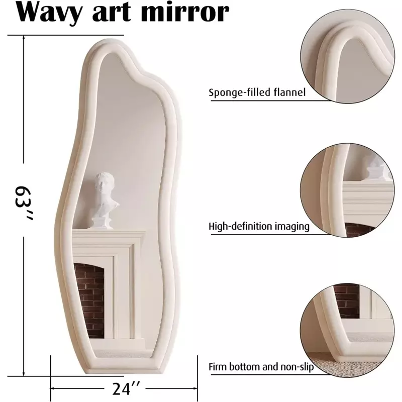Espejo de piso ondulado, espejo de pared colgante o inclinado contra la pared para dormitorio, marco de madera envuelto en franela, blanco