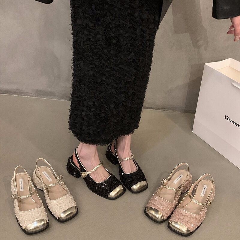 Sapatos Mary Jane para mulheres, sandálias rasas elegantes, salto grosso para senhoras, vestido ao ar livre, moda, verão, 2024