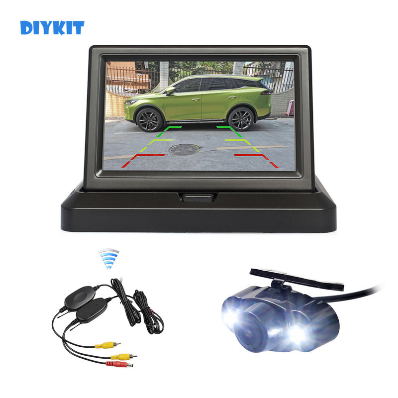 DIYKIT-Monitor de visión trasera plegable inalámbrico para coche, Kit de aparcamiento de 5 pulgadas, impermeable, LED, Color, visión nocturna, cámara de visión trasera