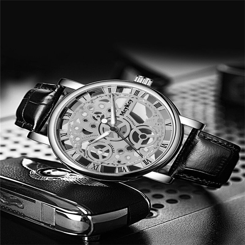 Mode Business Heren Horloge Prachtige Uitholling Proces Ronde Wijzerplaat Horloges Lederen Band Quartz Polshorloj De Hombre