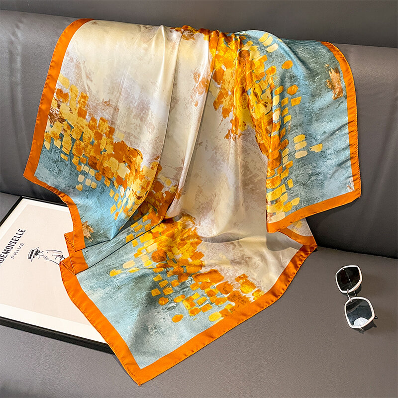 2023 New Print Silk Satin Muslim Scarf Luxury 90cm Shawl Wrap Neckerchief Female Wraps Echarpe  Bandana Hijab Head Scarve Gift