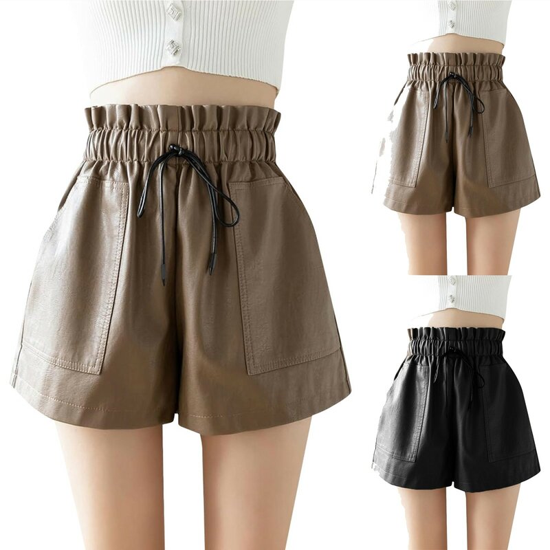 Pu Leather Shorts For Women New Fashion High Waisted Shorts Loose Wide Leg Pants Ladies Vintage Streetwear Black Shorts
