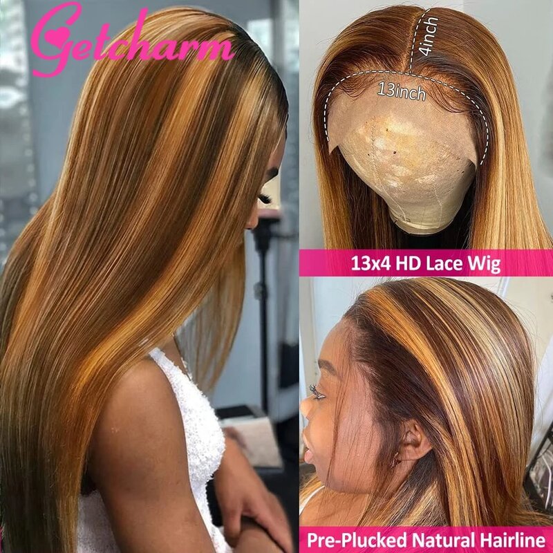 Pelucas de cabello humano brasileño, pelo liso con encaje frontal 13x4 sin pegamento, color rubio y marrón degradado, 4/27