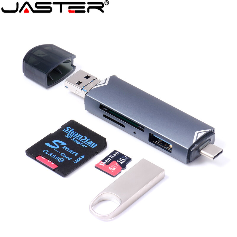 6-in-1 Type-C แฟลชไดร์ฟ USB สีดำ3.0การ์ดความจำมินิมัลติฟังก์ชั่เครื่องอ่านการ์ดยืดสำหรับเครื่องอ่านการ์ดหน่วยความจำ
