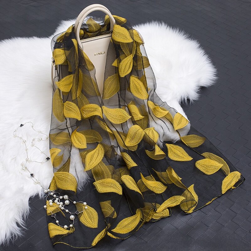Новый Шелковый шарф Eugen, длинный Универсальный шарф-шаль, шелковый шарф с вырезами в виде листьев, шарф для защиты от солнца