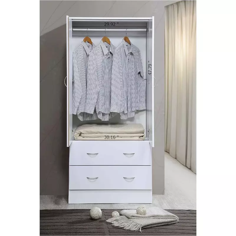 خزانة ملابس خشبية ببابين ، خزانة غرفة نوم مع قضيب ملابس داخل الخزانة ، درجين للتخزين ومرآة