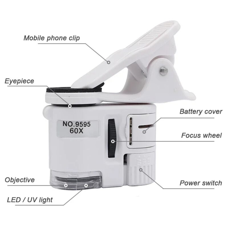 Microscopio de bolsillo con Clip para teléfono móvil, lupa LED de 60 aumentos, enfoque ajustado, luz UV, Clip Universal