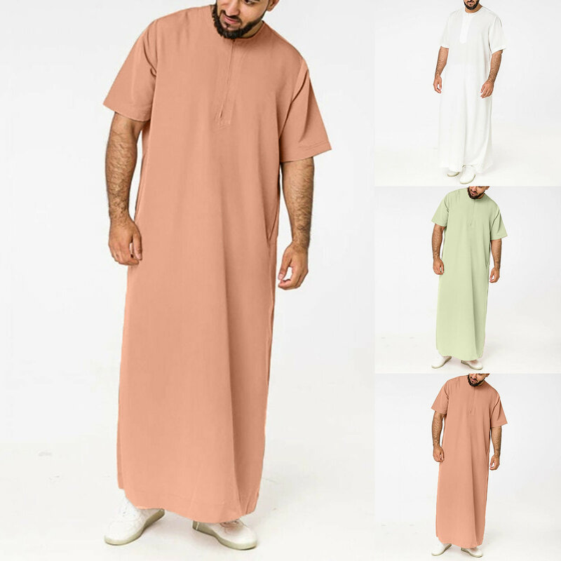 Batas de Color sólido para hombre, ropa islámica árabe musulmana de manga corta con cremallera, cuello redondo, estilo saudita, Jubba Thobe, Ramadán