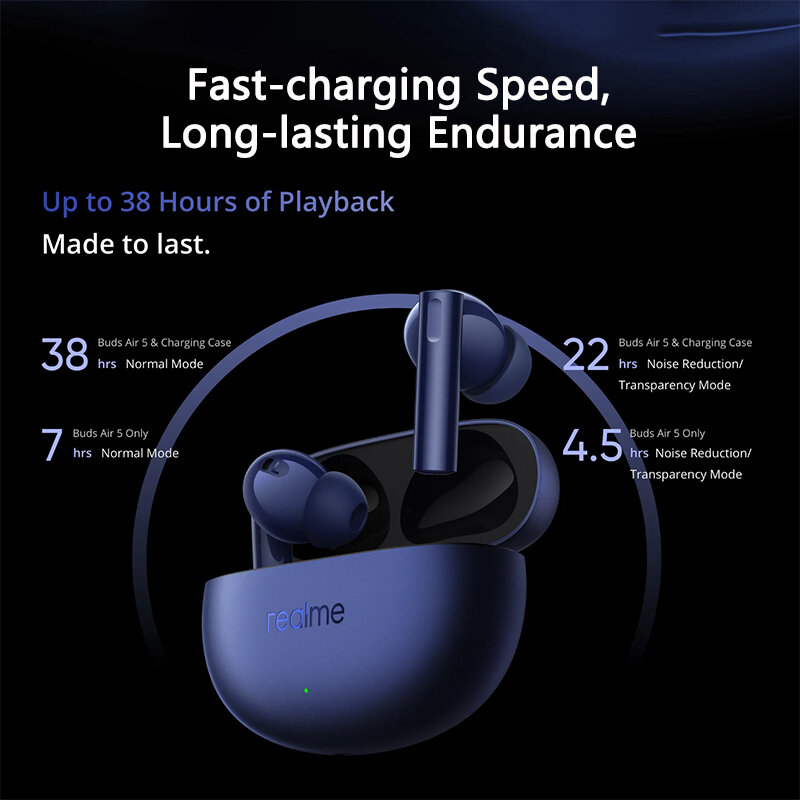 Realme Buds Air 5 Versão Global Fone de Ouvido TWS, Cancelamento de Ruído Ativo, 50dB, Bateria de 38 Horas, IPX5, Bluetooth 5.3