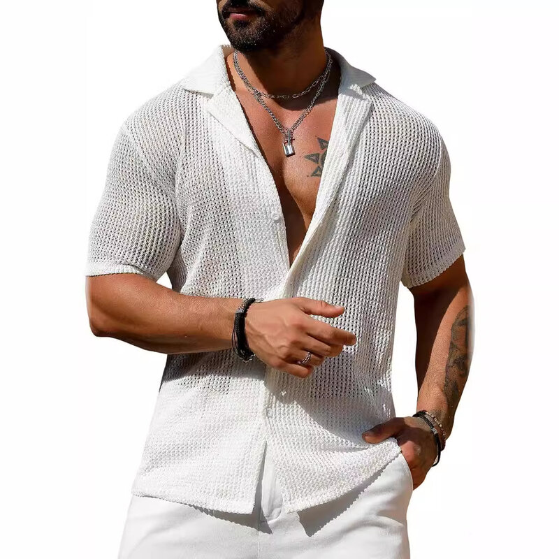 Camisa de malha masculina vista através, tops casuais de lapela, manga curta, camisa oca, moda streetwear sexy, verão