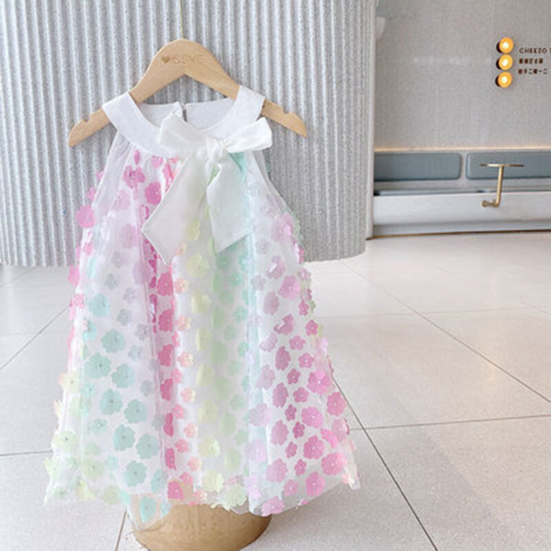 Ragazze senza maniche estate 2021 nuovo vestito da imbracatura a farfalla ricamato abiti da principessa arcobaleno in filato netto stile occidentale per bambini