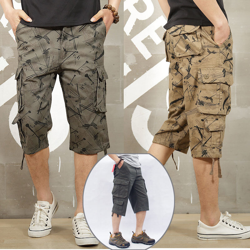 กางเกงขาสั้นผ้าฝ้ายลายพรางสำหรับผู้ชายกางเกงขาสั้นทรงคาร์โก้ทรงทหารมีกระเป๋าสวมใส่สบายมีสไตล์