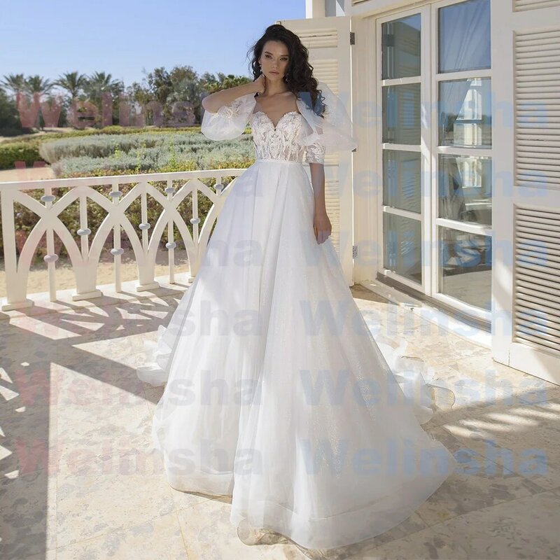 2023 Customized Wedding Dress Short Puff Sleeves Sweetheart Applique A Line Sweep Train Backless Gelinlik Princess Bridal Gown