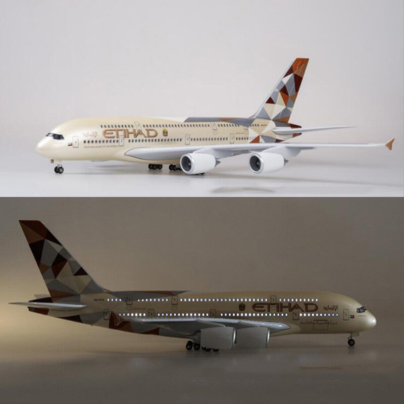 ETIHAD 항공사 모델 W 라이트 및 휠 다이캐스트 송진 비행기, 컬렉션 전시 장난감 선물, 1/160 체중계, 50.5cm 비행기, A380