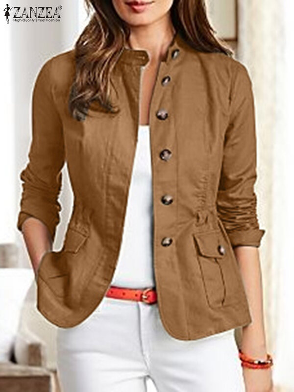2023 ZANZEA Woman Vintage OL Jackets Female Long Sleeve Stand Collar Coats Autumn Fashion Office Outwear Casual Streetwear Coat