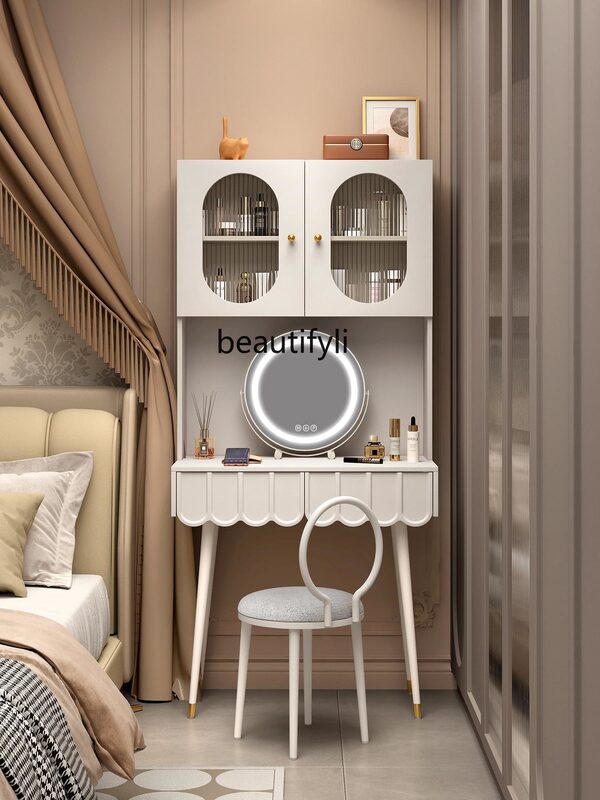 Penteadeira francesa estilo creme, armazenamento integrado, minimalista moderno, mesa de maquiagem quarto