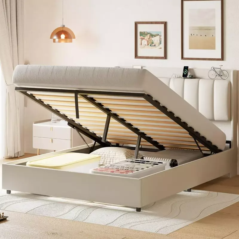 Bed Frame, Gas Lift Up Storage Bed with Power Outlets, Wooden Slat Support/No Box Spring Needed,White Beds