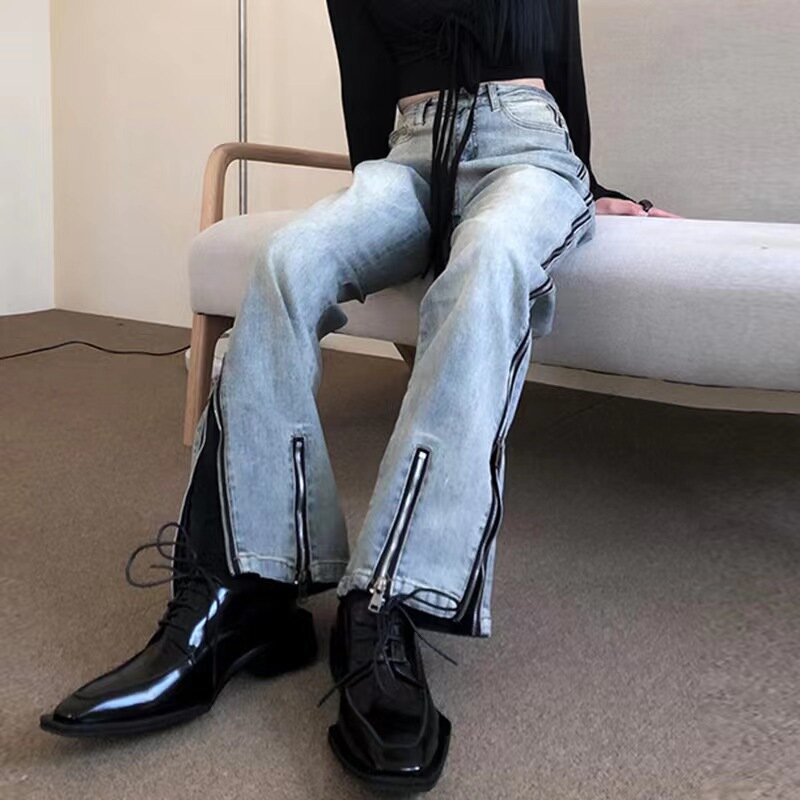 Denim Planet Damen High Taille Jeans Slim Fit Metall Reiß verschluss gespleißt modische High Street Micro La lange Hosen