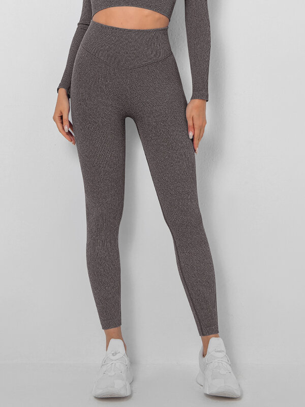 Pantalon de Yoga côtelé taille haute pour femme, collant de Sport, Fitness, sans couture, Push-Up, contrôle du ventre