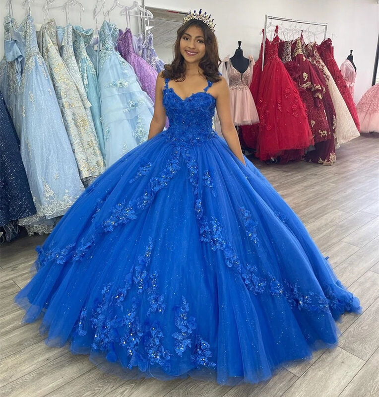 Vestido de baile Quinceanera Azul Royal com cintas de espaguete, Apliques de tule, Sweet 16 Dresses, 15 Anos Vestidos Mexicanos