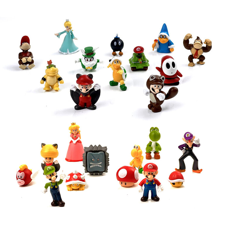 Super Mario Bros Action Figure com bolsa infantil, modelo de bonecas, Luigi, Yoshi, Donkey Kong, cogumelo, presentes de aniversário, 12 peças