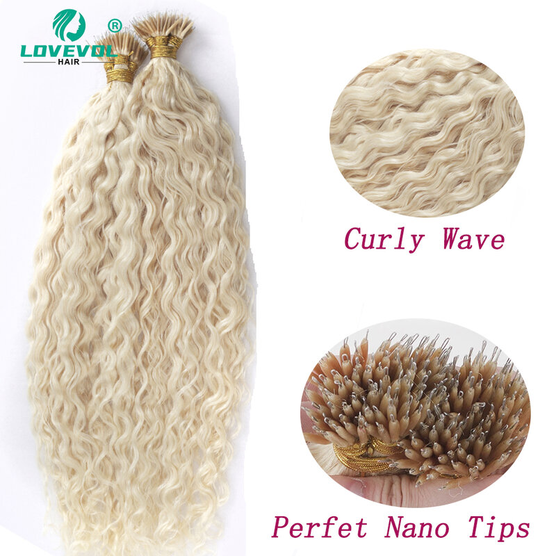Lovevol ekstensi rambut Nano, ekstensi rambut Brasil, gelombang air Keratin rambut manusia, fusi rambut keriting, rambut manusia 12 "-26"
