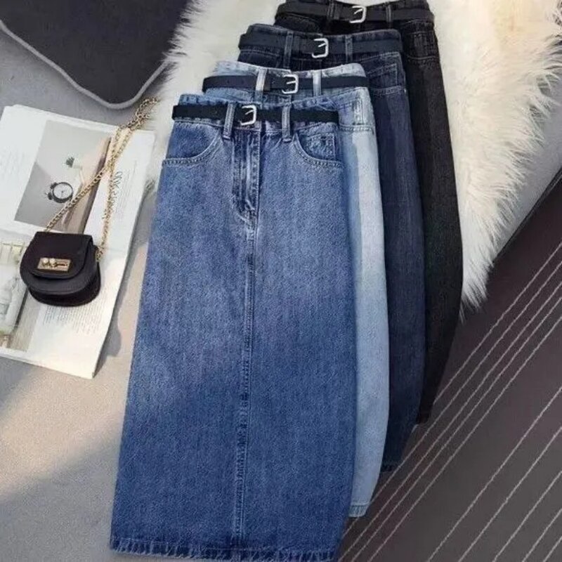 High-Waisted Blue Denim Skirt Spring/Summer New Mid Length Split Pockets Casual Jeans Skirts A-Line Clothes For Women Ropa Mujer