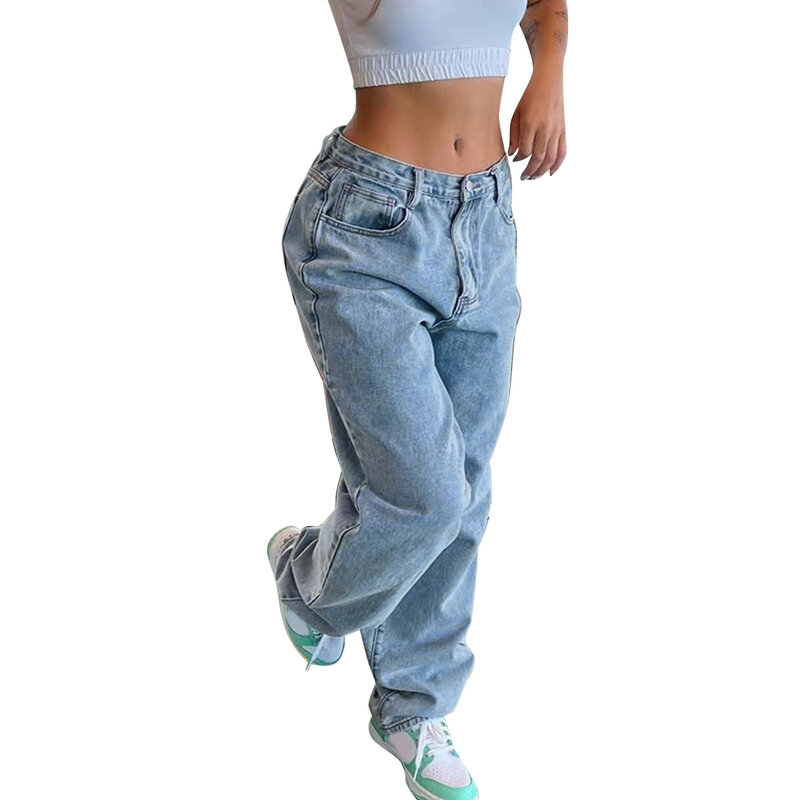 Jean baggy taille moyenne pour femme, pantalon long, droit, vintage, hip hop, printemps, document solide, streetwear, automne