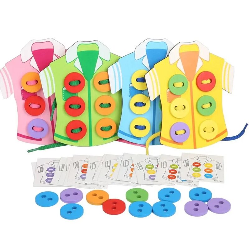 Wooden Threading Lacing Clothes Board Clothing Threading Buttons Board Sew-on Buttons Sewing Board Game Montessori Toys