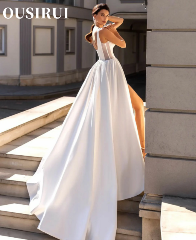 OUSIRUI A-Line Wedding Dress For Women High Modern Square Neck Spaghetti Straps  Slit Sleeveless Satin Vestido De Novia