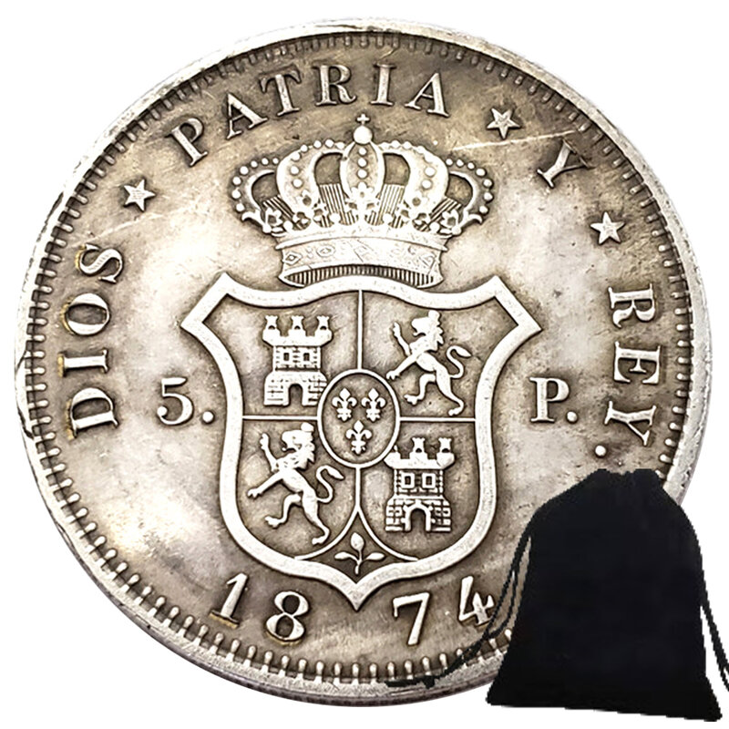 Lusso 1874 antica spagna impero 3D coppia arte monete tasca romantica moneta divertente moneta fortunata commemorativa + borsa regalo