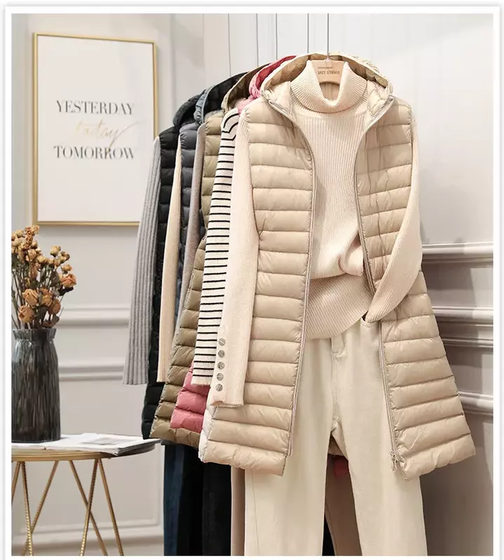 Chaqueta de algodón sin mangas para mujer, abrigo largo acolchado con capucha, Parka delgada, chaleco largo de invierno, novedad