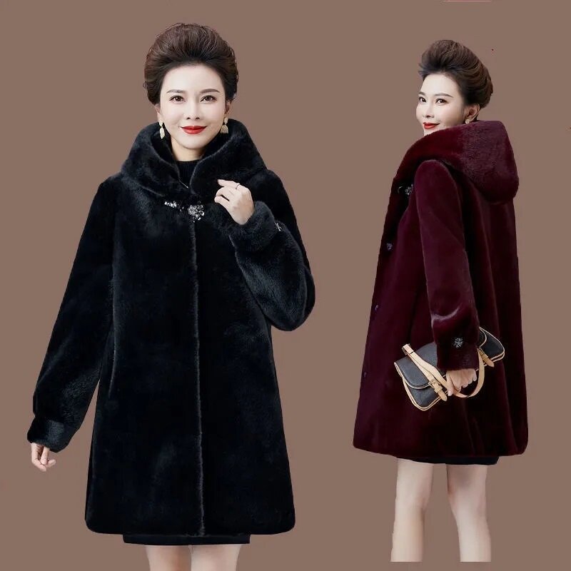 Abrigo de piel de visón de imitación negra para mujer, parka gruesa con capucha para madre, rompevientos, 6XL, invierno, 2023
