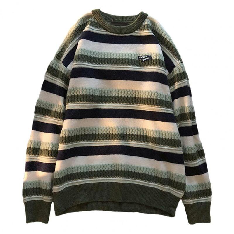 Comfortable Men Sweater Men's Loose Knit Striped Sweater for Autumn Winter O-neck Pullover Casual Streetwear Soft Comfortable