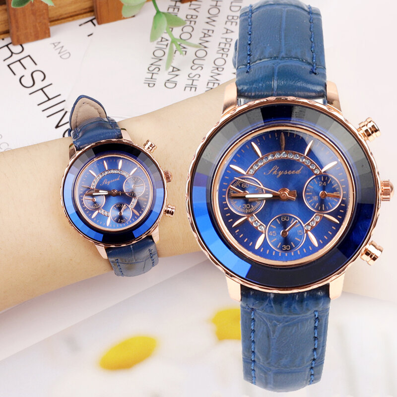 2022 neue Uhr Frauen Damen Armbanduhr Luxus Marke Uhr Stahl Uhren Mode Zeigte Drei Augen Uhr Blau Glas Uhr